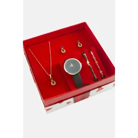 Kelebek Kayışlı Bayan Kol Saati ve Takı Seti Kombini-Siyah