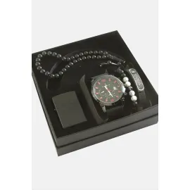 Kayışlı Kol Saati Tesbih Bileklik ve Çakmak Kutulu Set-Siyah