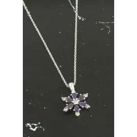 Lotus Zirkon Taşlı Trend Kolye-Mor