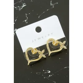 Kalp Kelebek Zirkon Taşlı Küpe-Sarı