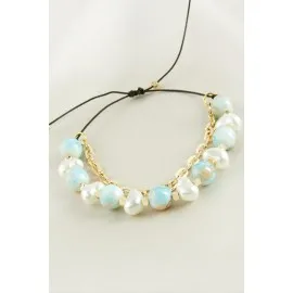 İnci Boncuk Zincirli Bileklik-Açık Mavi