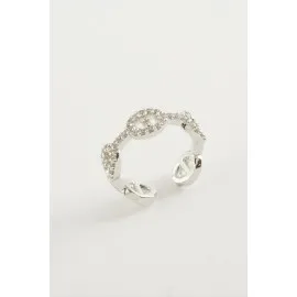 Oval Zirkon Taşlı Yüzük-Gümüş Rengi