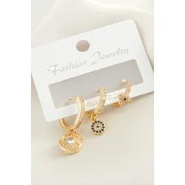 3 Adet Göz Zirkon Taşlı Küpe-Gümüş Rengi