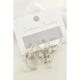 3 Adet Baget Taşlı Küpe-Gümüş Rengi