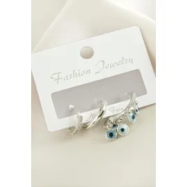 3 Adet Nazar Zirkon Taşlı Küpe-Gümüş Rengi