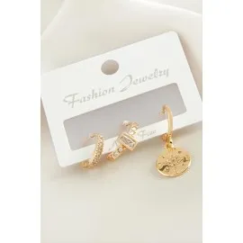 3 Adet Çiçek Zirkon Taşlı Küpe-Sarı