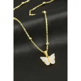 Kelebek Figürlü Polyester Kolye-Beyaz