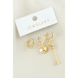 3 Adet Kalp Zirkon Taşlı Küpe-Sarı