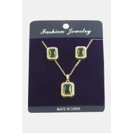 Dikdörtgen Zirkon Taşlı Set Kolye-Yeşil