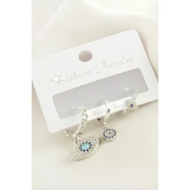 3 Adet Oval Nazar Zirkon Taşlı Küpe-Gümüş Rengi