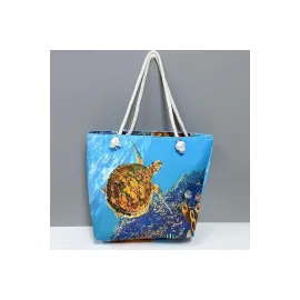 Kaplumbağa Desenli Plaj Çantası-Mavi