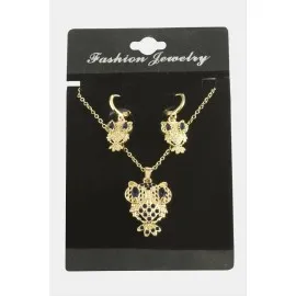 Baykuş Zirkon Taşlı Set Kolye-Siyah