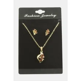 Çiçek Zirkon Taşlı Set Kolye-Yeşil