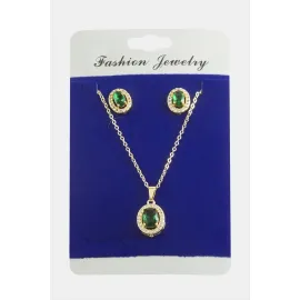 Oval Zirkon Taşlı Set Kolye-Yeşil