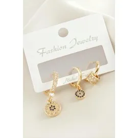 3 Adet Nazar Zirkon Taşlı Küpe-Sarı