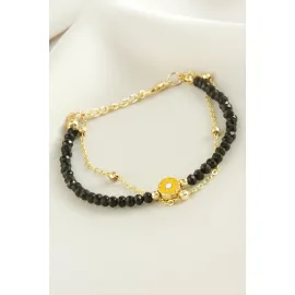 Papatya Zincir Kristal Bileklik-Siyah