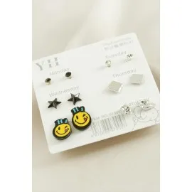 12 Adet Emoji Metal Taşlı Küpe-Gümüş Rengi