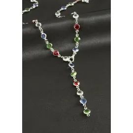 Yuvarlak Zirkon Taşlı Y Kolye-Gümüş Rengi