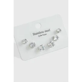 6 Adet Kare Zirkon Tek Taşlı Çelik Küpe  Büyük Kare -Gümüş Rengi