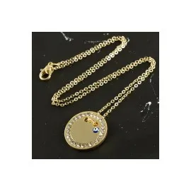 Yuvarlak İsim Yazılabilir Taşlı Boş Plaka Kolye-Sarı