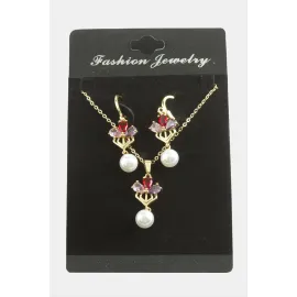 Çiçek İnci Zirkon Taşlı Set Kolye-Renkli