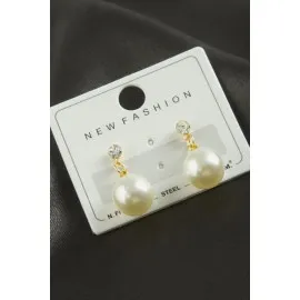 Yuvarlak İnci Taşlı Küpe-Sarı