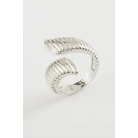 Oval Çizgili Metal Yüzük-Gümüş Rengi