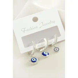 3 Adet Nazar Zirkon Taşlı Küpe-Gümüş Rengi