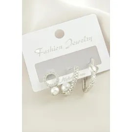 3 Adet Kalp İnci Zirkon Taşlı Küpe-Gümüş Rengi