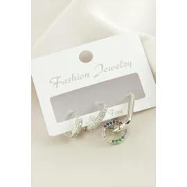 3 Adet Halka Zirkon Taşlı Küpe-Gümüş Rengi