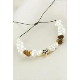 Deniz Yıldızı  Kırık Doğaltaşlı İnci Bileklik-Kahverengi