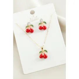 Kiraz Zirkon Taşlı Mineli Set Kolye-Kırmızı