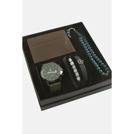 Kayışlı Kol Saati Tesbih Bileklik ve Cüzdan Kutulu Set-Yeşil
