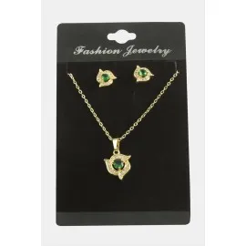 Çiçek Zirkon Taşlı Set Kolye-Yeşil