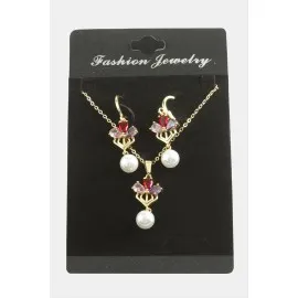 Çiçek İnci Zirkon Taşlı Set Kolye-Renkli