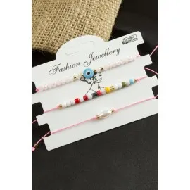 3 Adet Nazar Kristal Kum Boncuk Bileklik-Açık Pembe