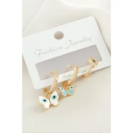 3 Adet Kelebek Zirkon Taşlı Küpe-Sarı