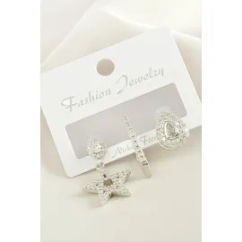 3 Adet Yıldız Zirkon Taşlı Küpe-Gümüş Rengi