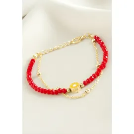 Papatya Zincir Kristal Bileklik-Kırmızı