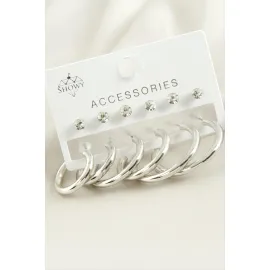 12 Adet Boru Taşlı Halka Küpe-Gümüş Rengi