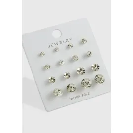 16 Adet Tek Taşlı Küpe-Gümüş Rengi