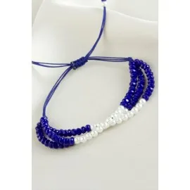 İncili Üçlü Kristal Bileklik-Mavi