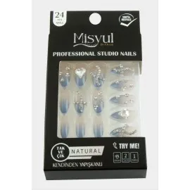 Misyul Taşlı Takma Tırnak 24 Adet-Mavi