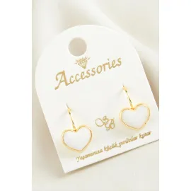 Kalp Mineli Klipsi Küpe-Beyaz