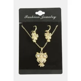 Baykuş Zirkon Taşlı Set Kolye-Gümüş Rengi