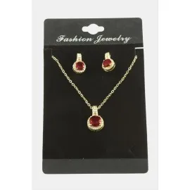 Yuvarlak Zirkon Taşlı Set Kolye-Kırmızı