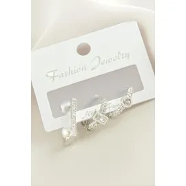 3 Adet Dikdörtgen İnci Zirkon Taşlı Küpe-Gümüş Rengi