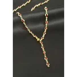 Oval Zirkon Taşlı Çelik Y Kolye-Kırmızı