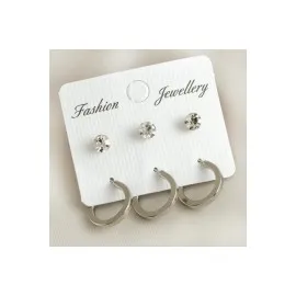 6 Adet Köşeli Taşlı Halka Küpe 1,5 Cm-Gümüş Rengi