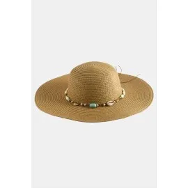 Etnik Boncuklu Hasır Şapka-Pudra Rengi